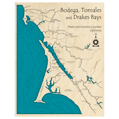 Bathymetric topo map of Bodega Tomales and Drakes Bays, CA with roads, towns and depths noted in blue water.