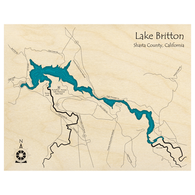 Bathymetric topo map of Lake Britton, CA with roads, towns and depths noted in blue water.