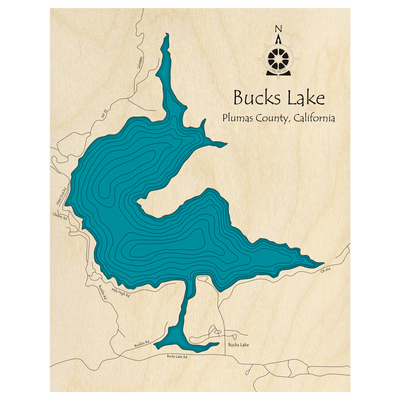 Bathymetric topo map of Bucks Lake, CA with roads, towns and depths noted in blue water.