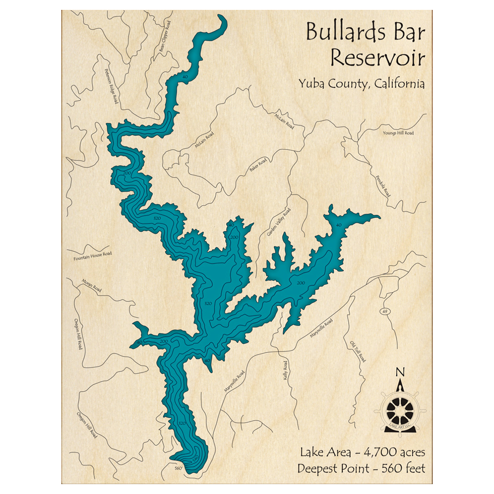 Bathymetric topo map of Bullards Bar Reservoir, CA with roads, towns and depths noted in blue water.