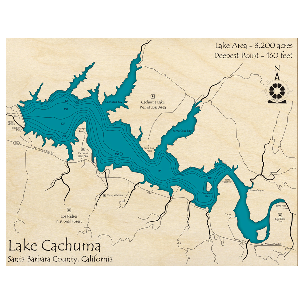 Bathymetric topo map of Lake Cachuma, CA with roads, towns and depths noted in blue water.
