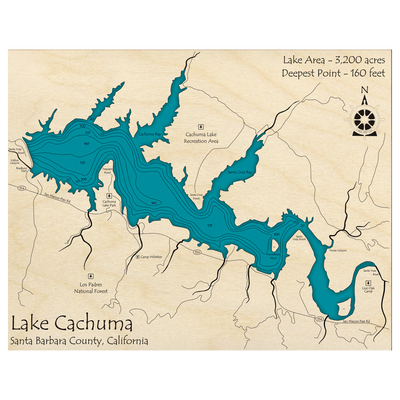 Bathymetric topo map of Lake Cachuma, CA with roads, towns and depths noted in blue water.