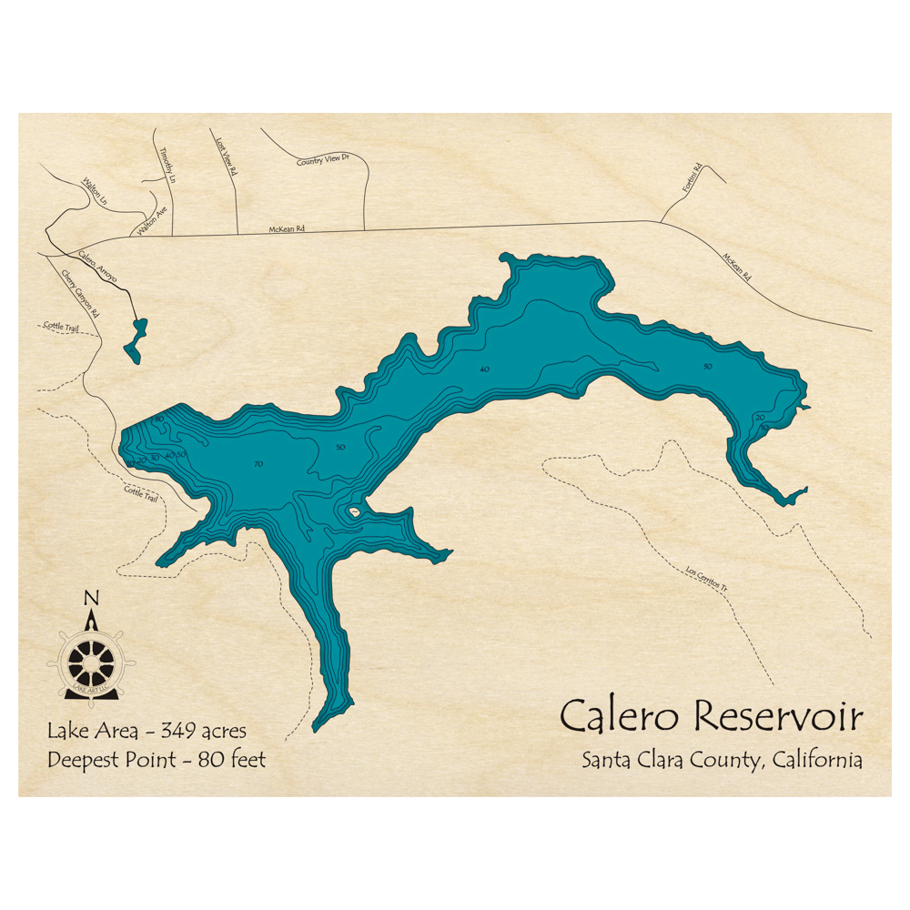 Bathymetric topo map of Calero Reservoir, CA with roads, towns and depths noted in blue water.