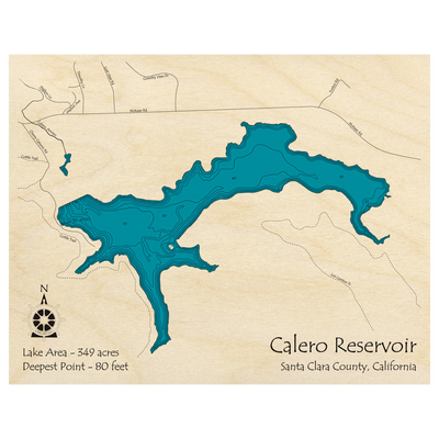 Bathymetric topo map of Calero Reservoir, CA with roads, towns and depths noted in blue water.