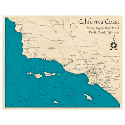 Bathymetric topo map of California Coast, CA with roads, towns and depths noted in blue water.