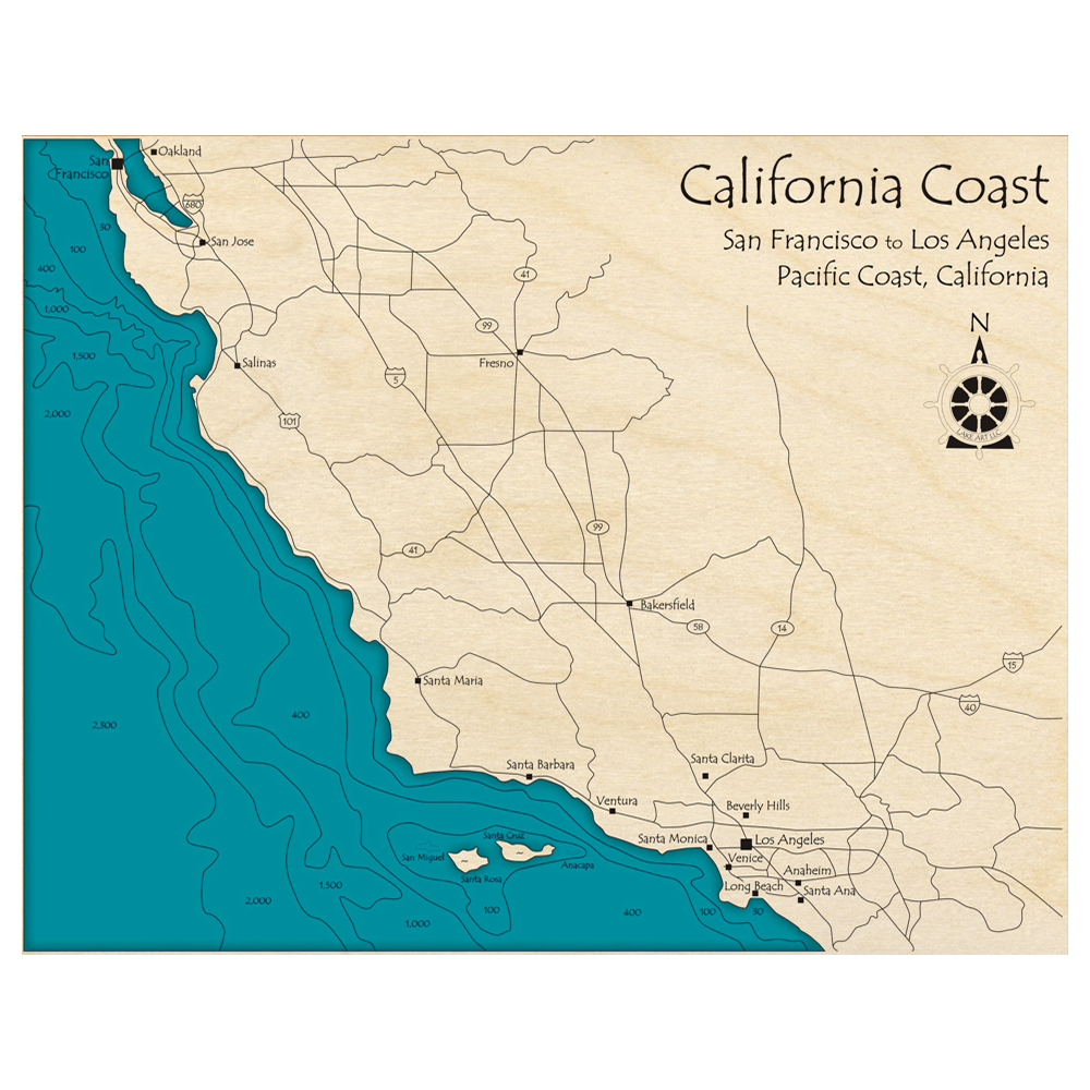 Bathymetric topo map of California Coast, CA with roads, towns and depths noted in blue water.