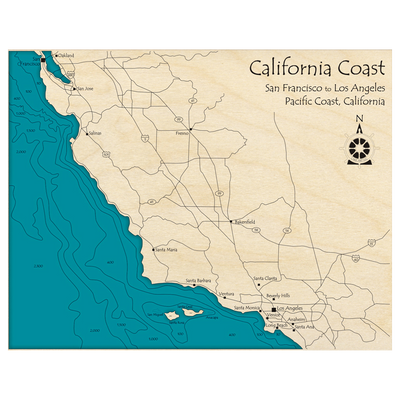 Bathymetric topo map of California Coast, CA with roads, towns and depths noted in blue water.