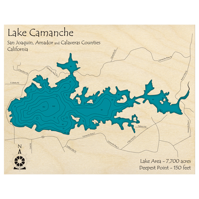 Bathymetric topo map of Lake Camanche, CA with roads, towns and depths noted in blue water.