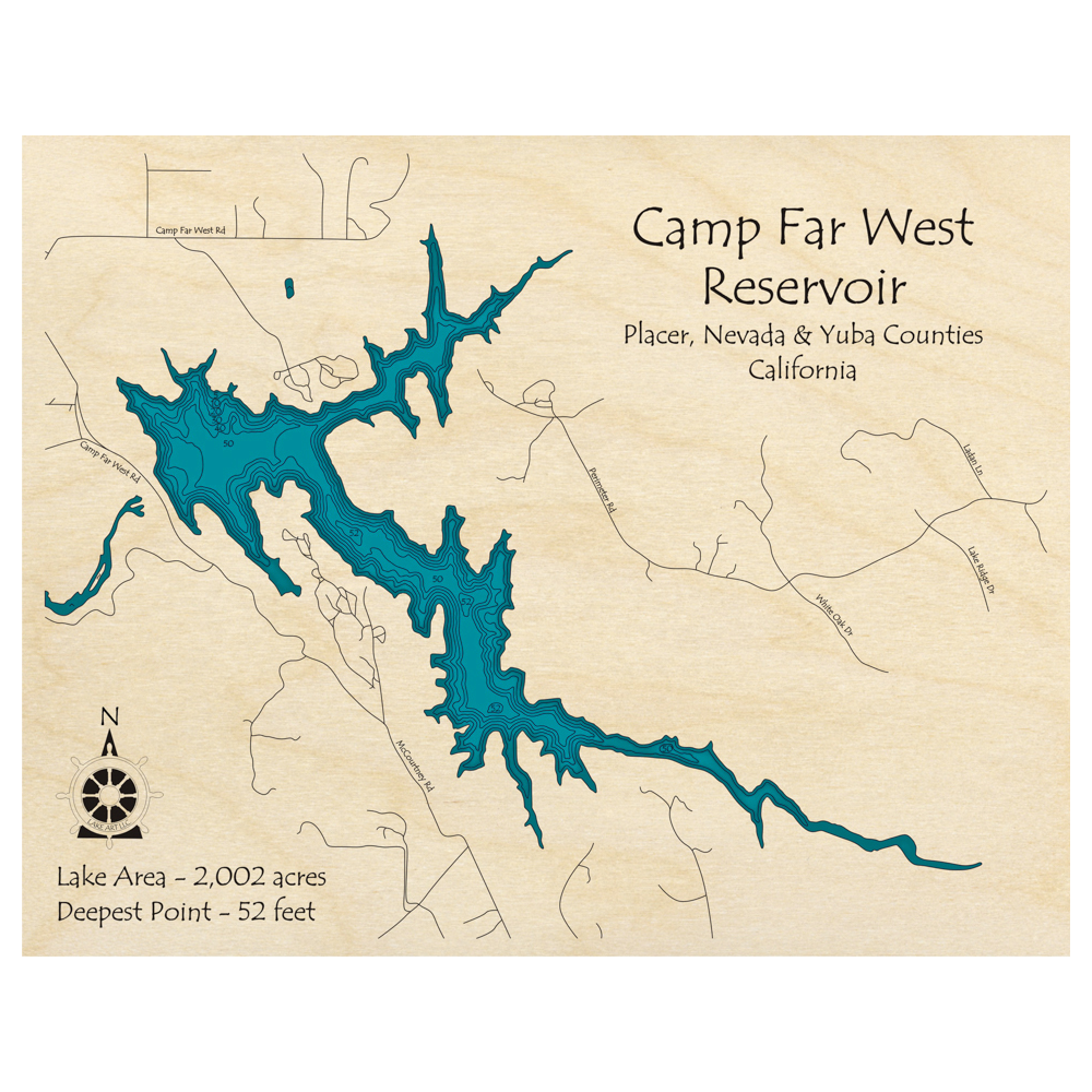 Bathymetric topo map of Camp Far West Reservoir, CA with roads, towns and depths noted in blue water.