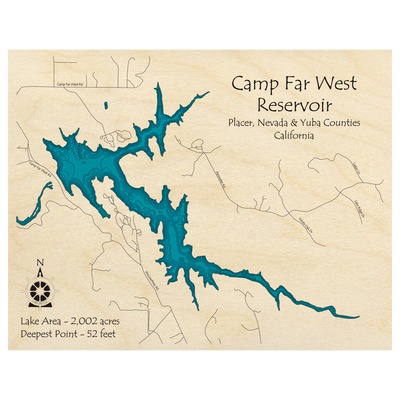 Bathymetric topo map of Camp Far West Reservoir, CA with roads, towns and depths noted in blue water.