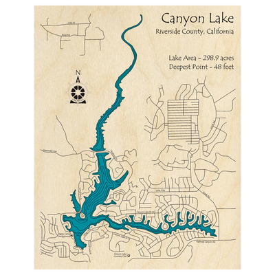 Bathymetric topo map of Canyon Lake, CA with roads, towns and depths noted in blue water.