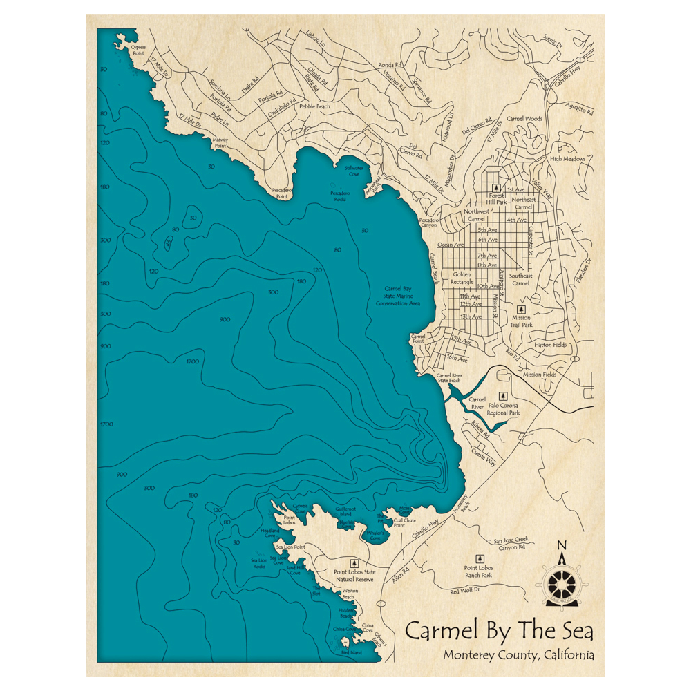Bathymetric topo map of Carmel By The Sea, CA with roads, towns and depths noted in blue water.