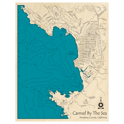 Bathymetric topo map of Carmel By The Sea, CA with roads, towns and depths noted in blue water.