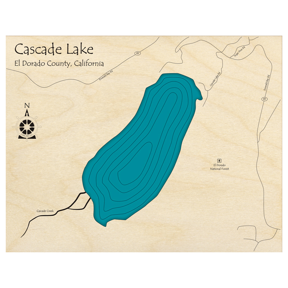 Bathymetric topo map of Cascade Lake, CA with roads, towns and depths noted in blue water.
