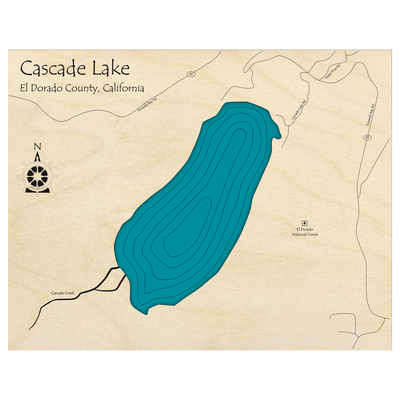 Bathymetric topo map of Cascade Lake, CA with roads, towns and depths noted in blue water.