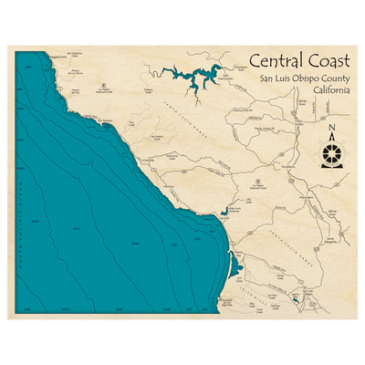 Bathymetric topo map of Central Coast, CA with roads, towns and depths noted in blue water.