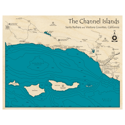 Bathymetric topo map of Channel Islands and Santa Barbara Coast, CA with roads, towns and depths noted in blue water.