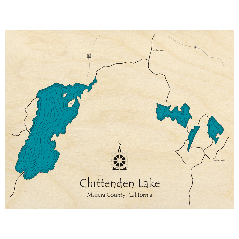 Bathymetric topo map of Chittenden Lake And Shirley Creek, CA with roads, towns and depths noted in blue water.