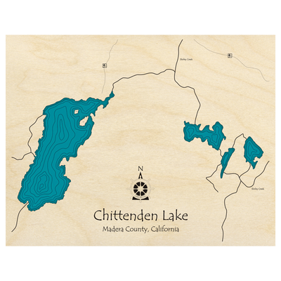 Bathymetric topo map of Chittenden Lake And Shirley Creek, CA with roads, towns and depths noted in blue water.