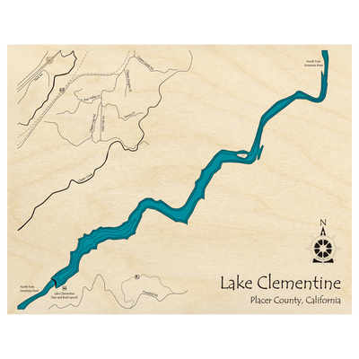 Bathymetric topo map of Lake Clementine, CA with roads, towns and depths noted in blue water.