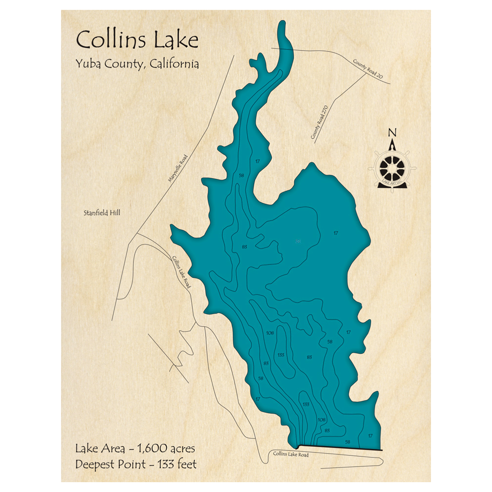 Bathymetric topo map of Collins Lake, CA with roads, towns and depths noted in blue water.