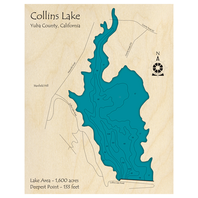 Bathymetric topo map of Collins Lake, CA with roads, towns and depths noted in blue water.