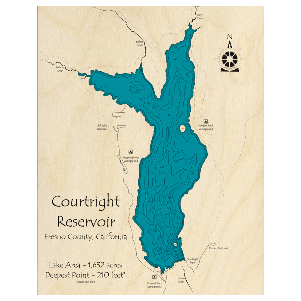 Bathymetric topo map of Courtright Reservoir, CA with roads, towns and depths noted in blue water.