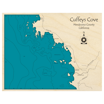 Bathymetric topo map of Cuffeys Cove, CA with roads, towns and depths noted in blue water.