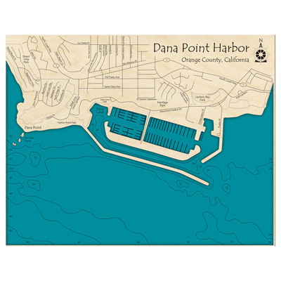 Bathymetric topo map of Dana Point Harbor, CA with roads, towns and depths noted in blue water.