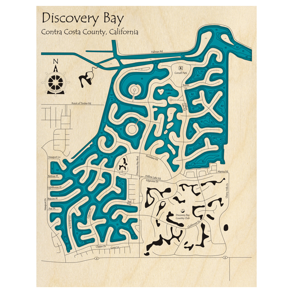 Bathymetric topo map of Discovery Bay, CA with roads, towns and depths noted in blue water.