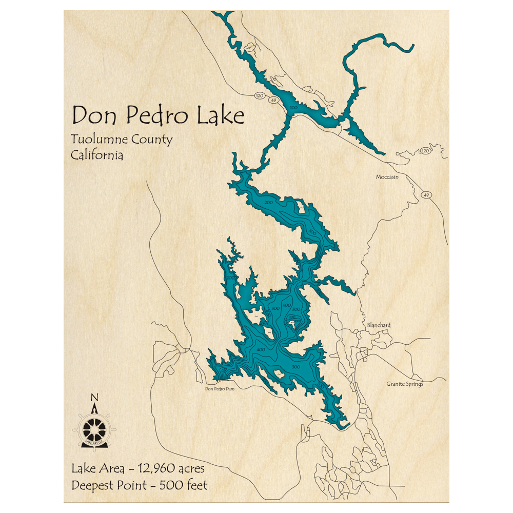 Bathymetric topo map of Don Pedro Lake, CA with roads, towns and depths noted in blue water.