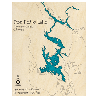 Bathymetric topo map of Don Pedro Lake, CA with roads, towns and depths noted in blue water.