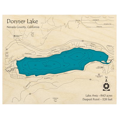 Bathymetric topo map of Donner Lake, CA with roads, towns and depths noted in blue water.