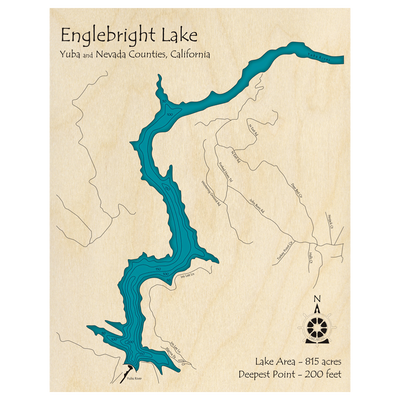 Bathymetric topo map of Englebright Lake, CA with roads, towns and depths noted in blue water.