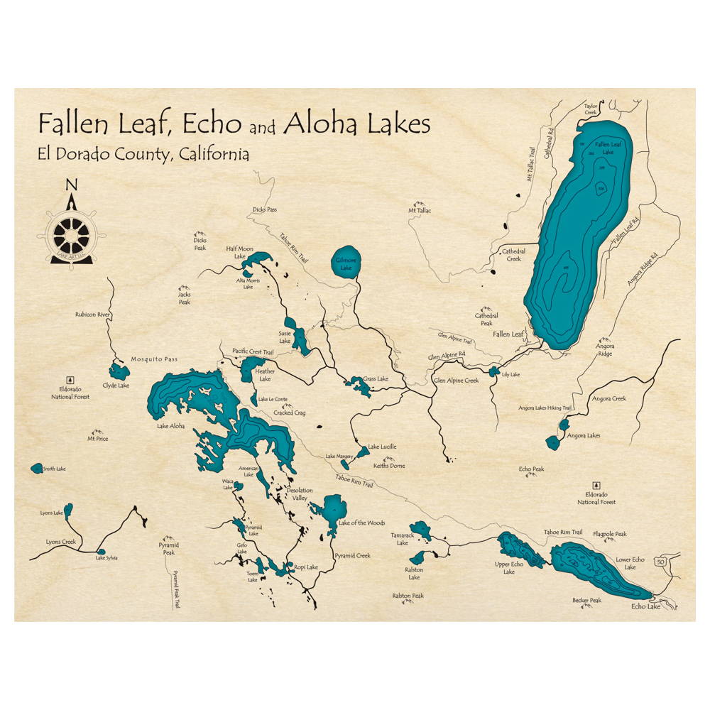 Bathymetric topo map of Fallen Leaf, Echo and Aloha Lakes, CA with roads, towns and depths noted in blue water.