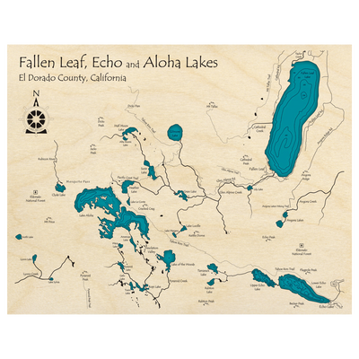 Bathymetric topo map of Fallen Leaf, Echo and Aloha Lakes, CA with roads, towns and depths noted in blue water.