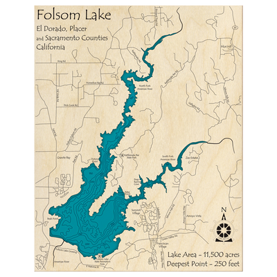 Bathymetric topo map of Folsom Lake, CA with roads, towns and depths noted in blue water.