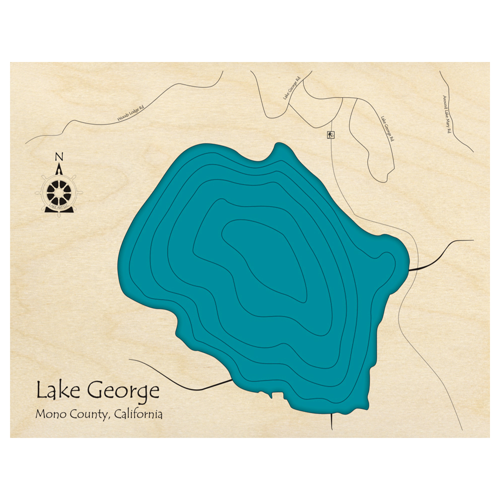 Bathymetric topo map of Lake George, CA with roads, towns and depths noted in blue water.