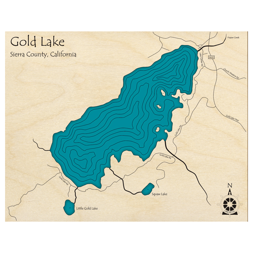 Bathymetric topo map of Gold Lake, CA with roads, towns and depths noted in blue water.