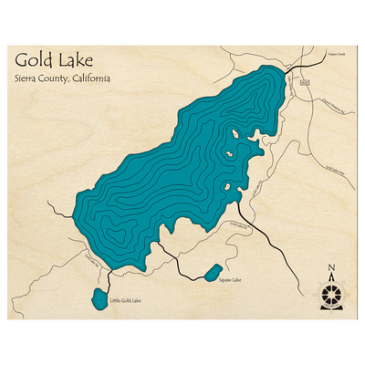 Bathymetric topo map of Gold Lake, CA with roads, towns and depths noted in blue water.