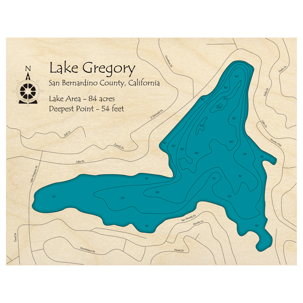 Bathymetric topo map of Lake Gregory, CA with roads, towns and depths noted in blue water.