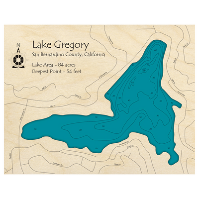 Bathymetric topo map of Lake Gregory, CA with roads, towns and depths noted in blue water.