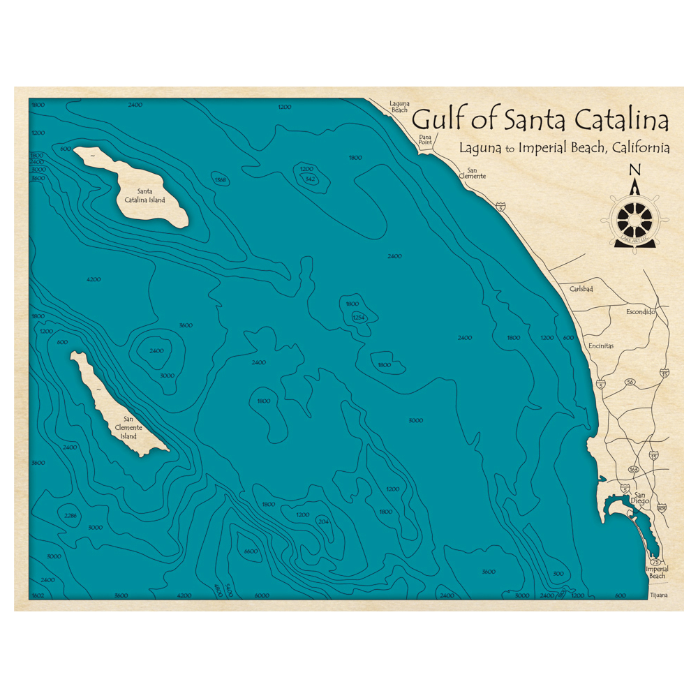 Bathymetric topo map of Gulf of Santa Catalina, CA with roads, towns and depths noted in blue water.