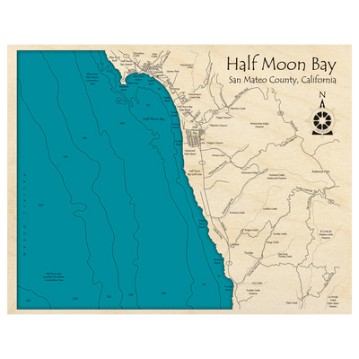 Bathymetric topo map of Half Moon Bay, CA with roads, towns and depths noted in blue water.