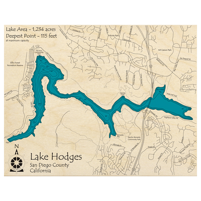Bathymetric topo map of Lake Hodges, CA with roads, towns and depths noted in blue water.