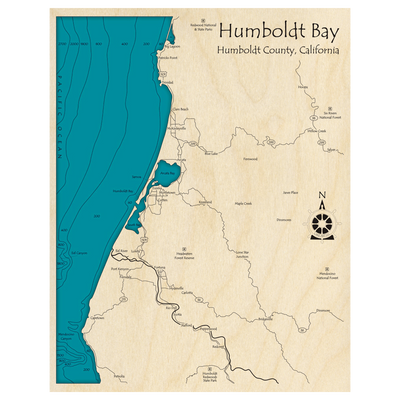 Bathymetric topo map of Humboldt Bay, CA with roads, towns and depths noted in blue water.