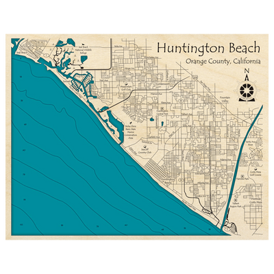 Bathymetric topo map of Huntington Beach, CA with roads, towns and depths noted in blue water.