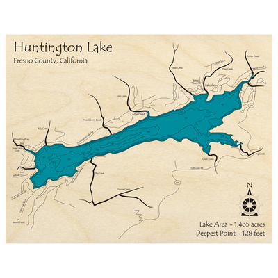 Bathymetric topo map of Huntington Lake, CA with roads, towns and depths noted in blue water.