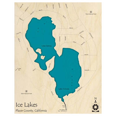 Bathymetric topo map of Ice Lakes, CA with roads, towns and depths noted in blue water.