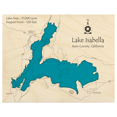 Bathymetric topo map of Lake Isabella, CA with roads, towns and depths noted in blue water.